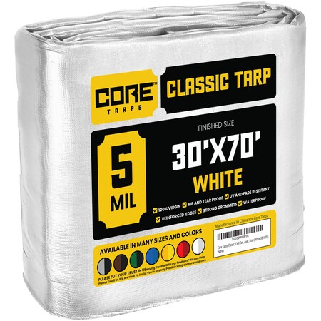 Core Tarps Heavy Duty Tarp, 70 ft L x 0.5 mm H x 30 ft W, 5 Mil, White, Polyethylene CT-504-30X70